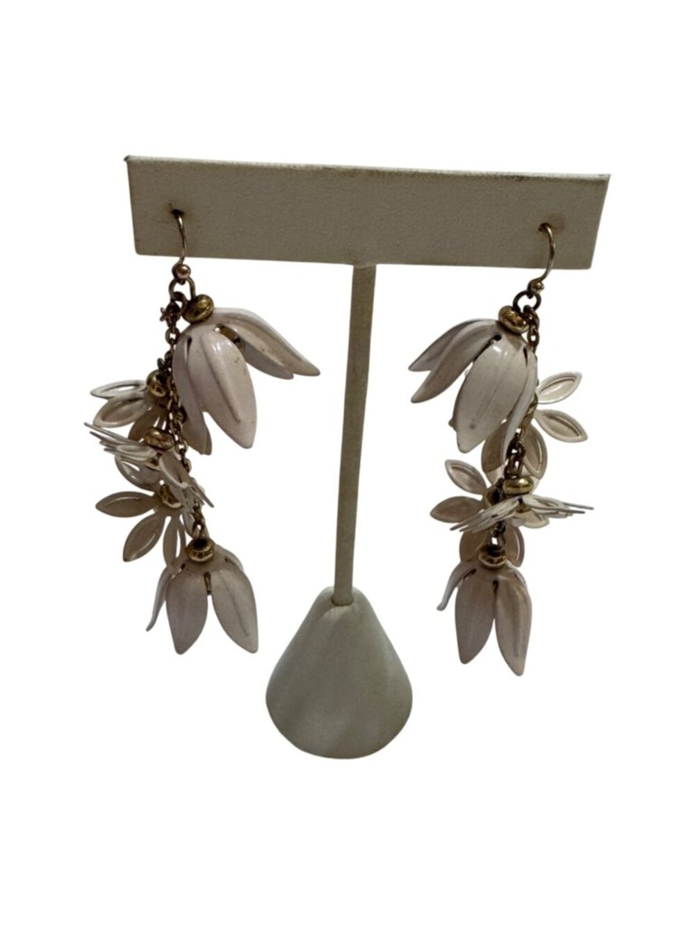 Vintage Floral Dangling Earrings Gold Accents White Metal Rhinestones